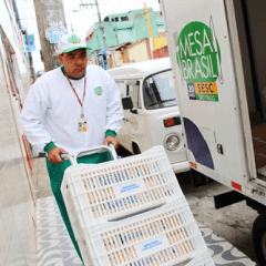 entregador saindo do caminhão com varias caixas em um carrinho